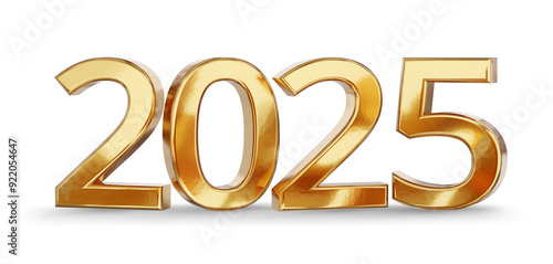 year 2025 golden metallic, isolated, 3d-illustration