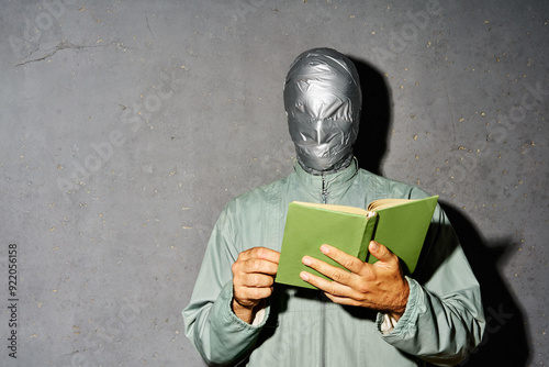 Mystery man with duct tape face relax and reading book over gray background