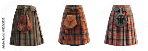 Scottish tartan kilt clothing set isolated on transparent background