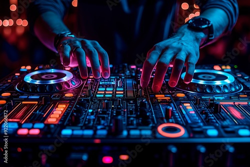 DJ mixing music at a vibrant party with colorful lights, copy space for text, dj banner advertising