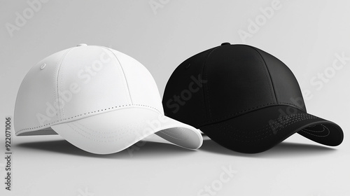 Mockup of a black and white baseball cap positioned side by side in a side view. The image showcases the caps' fabric texture, stitching details, and curved visors against a neutral background.