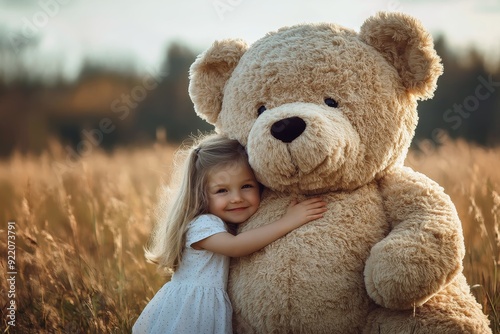 A little girl and a huge teddy bear cuddling.