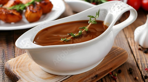 Gravy boat with serving of delicious rich brown sauce or gravy