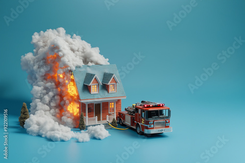 A model of a house on fire and with a lot of smoke on a blue background. Emergency and insurance concept