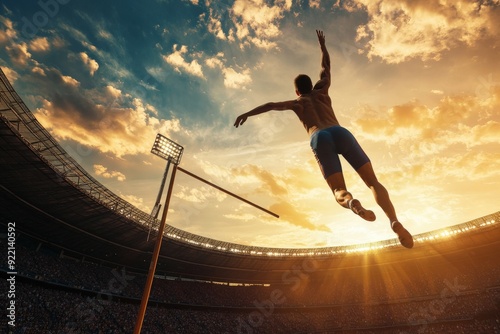 A pole vaulter captured mid-air as they clear the bar against a stunning sunset backdrop, signifying the peak of human effort and grace in a vibrant stadium setting.