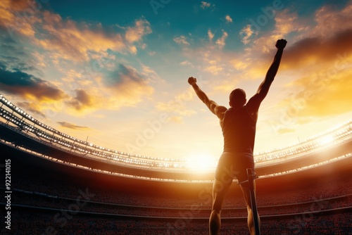 Celebrating a successful pole vault in a grand stadium during the golden hour, an athlete with raised arms symbolizes triumph, perseverance, and the spirit of victory.