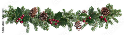 Festive Christmas garland with pine cones, green needles, and red berries, perfect for holiday decoration and seasonal celebrations.