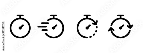 Timer icon set. Alarm clock symbol. Watch countdown vector illustration. Stopwatch sign. Hours, minutes and seconds concept. Simple express pictogram outline collection.