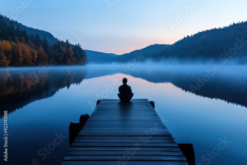 A single person meditates in solitude on a dock, looking out at a misty lake enveloped by mountains and forests at twilight, promoting peace and mindfulness.