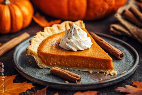 Delicious pumpkin pie topped with whipped cream, served alongside autumn leaves and decorative pumpkins for Thanksgiving festivities