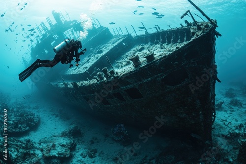 A scuba diver hovers near a massive, timeworn shipwreck on the ocean floor, capturing the haunting shadow and relics of a once-grand vessel amidst marine life.