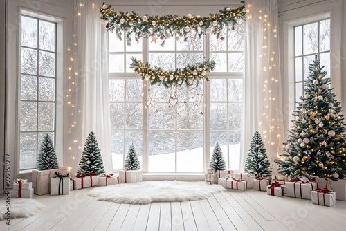 Elegant Christmas Tree and Presents in a Snowy Window Scene