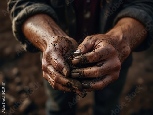 Dirty hands concept. Hands of person are prominently featured showcasing dirt mud and grime. Close up shot emphasizes rugged nature of worker hands suggesting engagement in laborious or outdoor