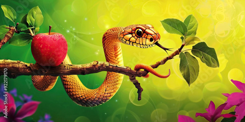 Bible. Old Testament. Creation. Genesis. The original sin, the forbidden fruit. Snake and red apple on tree branch.