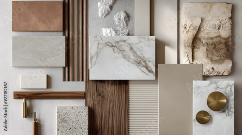 a material mood board for kitchen, neutral colors