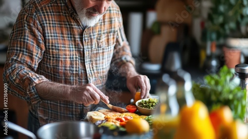 senior man preparing healthy breakfast kitchen scene active lifestyle