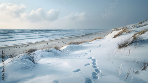 A serene winter beach scene, with snow-covered dunes, a calm, icy ocean, and a pale winter sky, with the only footprints being those of seagulls.