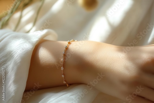 closeup product shot of an elegant arm with a delicate gold bracelet soft diffused lighting and minimal composition highlighting the jewelry