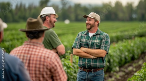 Group of farmers in a cooperative meeting gathered in a lush green field discussing strategies and techniques for managing their shared orchard The men are wearing casual attire