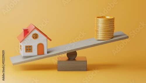 House and coin on balancing scale on yellow background. Real estate business mortgage investment and financial loan concept. Money saving and cashflow theme. 3D illustration rendering graphic design