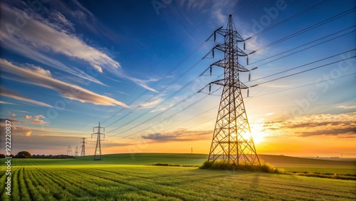 Transmission tower standing tall in a field, electricity, infrastructure, energy, power lines, structure, technology, metal