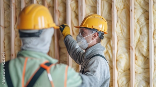 Two male construction workers wearing yellow hard hats and safety gear adding insulation panels to an interior building wall during a home renovation or commercial construction project