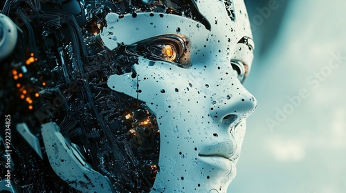 Close-up of an AI robots face with a complex neural network background