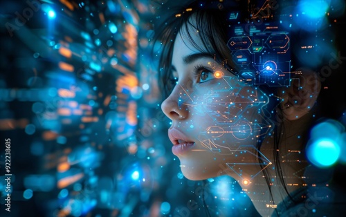 Woman working with virtual computer. Girl using modern computer surfing futuristic metaverse. Cyber world and digital data. Augmented reality, future innovative technology and programming concept