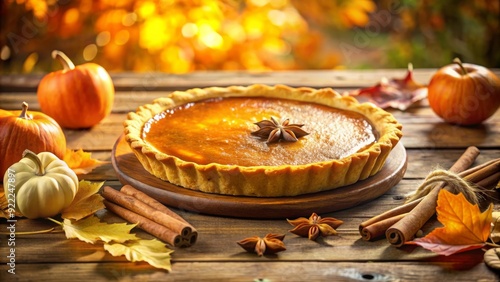 Tarta de calabaza rodeada de calabazas, canela y hojas otoñales, presentada en una mesa de madera.