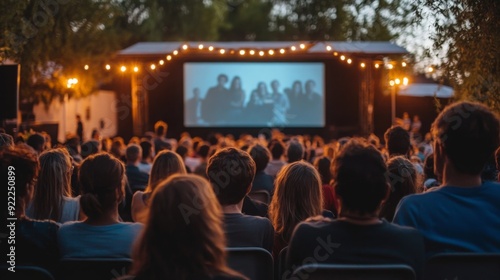 A large crowd gathers to watch a film projected on a screen under string lights during twilight.