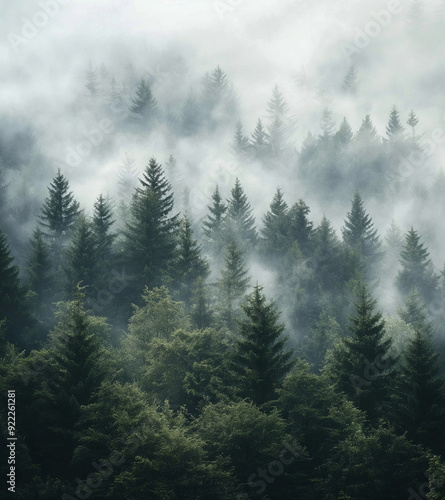 Aerial view of a misty fir forest with glowing sun light a foggy, nature landscape at sunrise. A scenic dreamy dawn background 