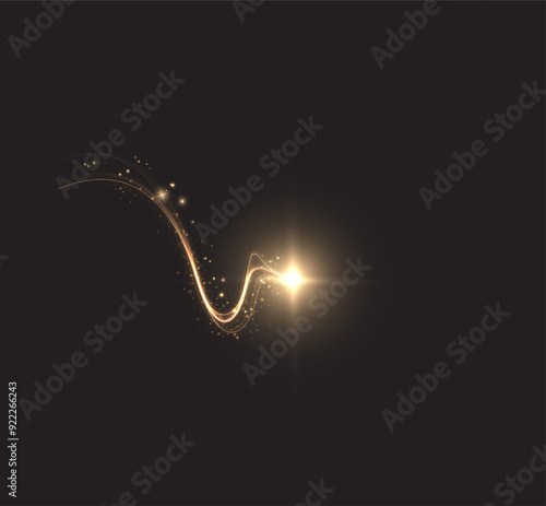 Golden comet png with sparkling stars and dust. Powder dust light PNG. Magic shining gold dust. Fine, shiny dust bokeh part