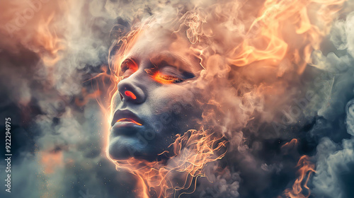 Abstract image of a man face in fire and smoke