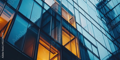 A building with many windows and a yellow light shining through one of them