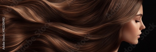 Luxurious waves of silky brown hair flow gracefully against a dark background, showcasing the beauty and health of long, shiny tresses in a striking profile view.