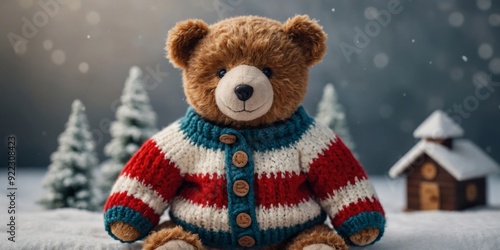 Cute teddy bear wearing cozy knitted Christmas sweater.