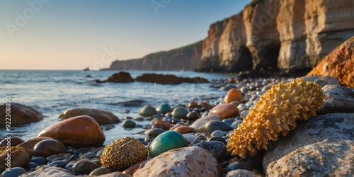 Colorful rock formations and sea mollusks on coastal cliff.