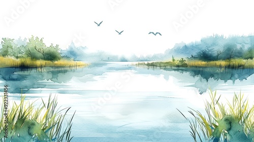 Serene watercolor painting of a calm lake with distant trees, lush grass, and birds flying in the sky, creating a peaceful natural scene.