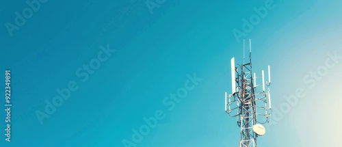 Telecommunication tower with 5G cellular network antenna against a clear blue sky, showcasing