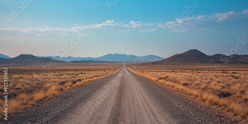 An endless gravel road stretches to the horizon, flanked by barren land and distant mountains, embodying solitude and inviting adventurous exploration in natures tranquil embrace under a vast sky