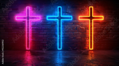 Colorful neon crosses illuminated against a brick wall in a darkened room