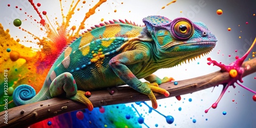 Vibrant chameleon perched on a dynamic splash of paint, blending artistic creativity with nature's mastery of color adaptation, symbolizing innovative thinking and artistic expression.