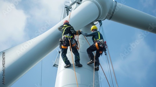 Technicians climbing a wind turbine tower for routine checks