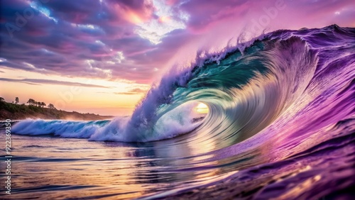 Soothing purple and white ocean wave gently curls and rolls in, creating a sense of calm serenity on a peaceful summer day.