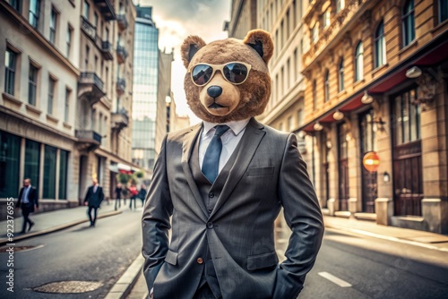 Urban ursine businessman, dressed in tailored attire and fashionable shades, confidently strides through metropolitan streets, exuding sophistication and humor in an unexpected setting.