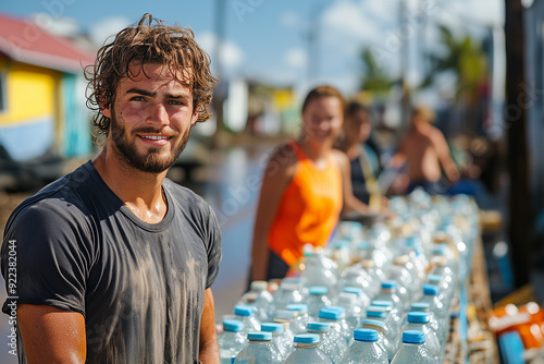 A group of volunteers helping a community affected by a natural disaster by providing temporary shelter and supplies