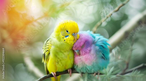 Colorful parakeets snuggling on a branch amidst soft flowers