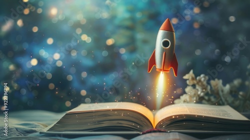 Rocket Launch From Open Book, Red Rocket , Book , Imagination , Education