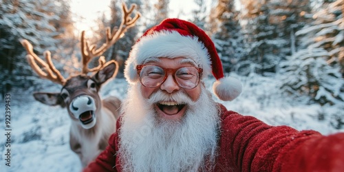 Santa's Selfie: A jolly Santa Claus takes a selfie with his reindeer in a snowy winter wonderland, capturing the festive spirit and joy of the holiday season. 