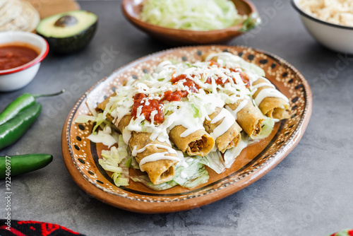 Mexican tacos dorados called flautas with chicken, traditional fried food in Mexico Latin America 